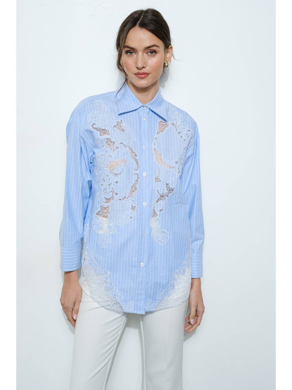 Light Blue Striped Lace-Appliqué Button-Up Shirt